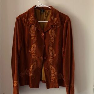 Anthropologie Rust Velvet Button-Front Blazer with Gold Embroidery